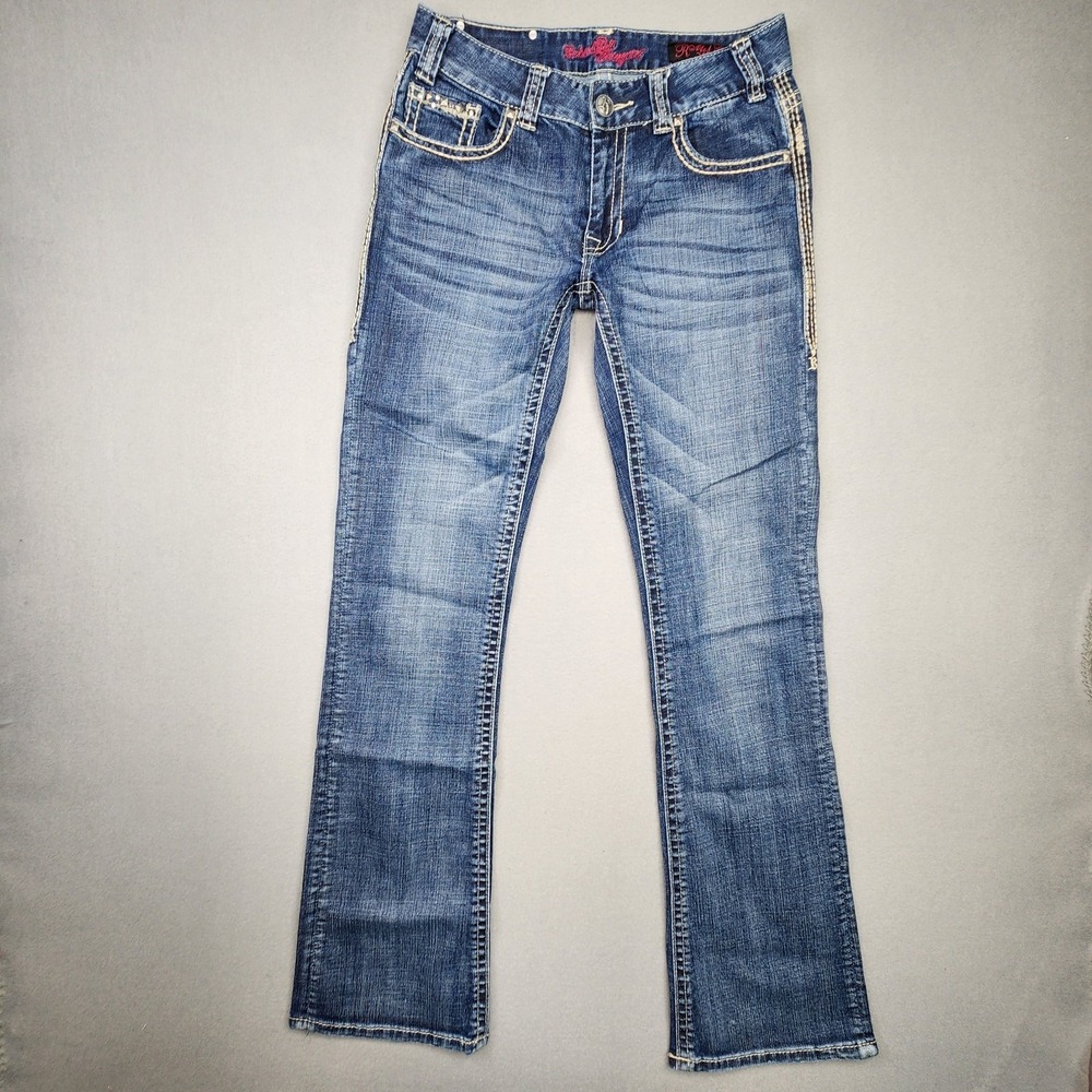 Rock & Roll Cowgirl Jeans Womens 28x32 Mid Rise Bootcut Rhinestones Thick Stitch - Picture 2 of 14